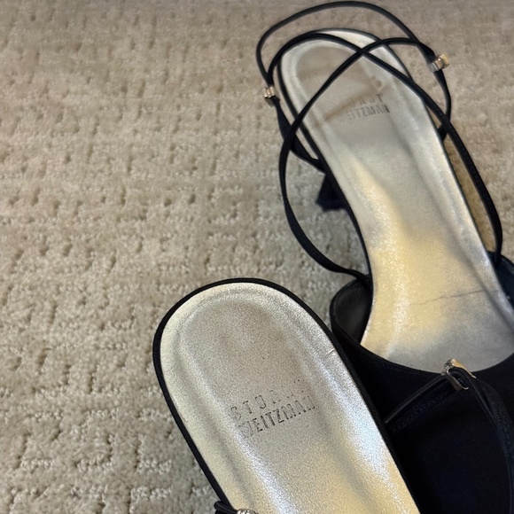 Stuart Weitzman Black Satin Slingback Kitten Heels 10.5M Rhinestone Strap - Picture 7 of 9